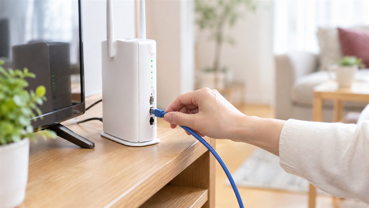 Wi‑Fi ルーターに LAN ケーブルを差し込んでいる手元